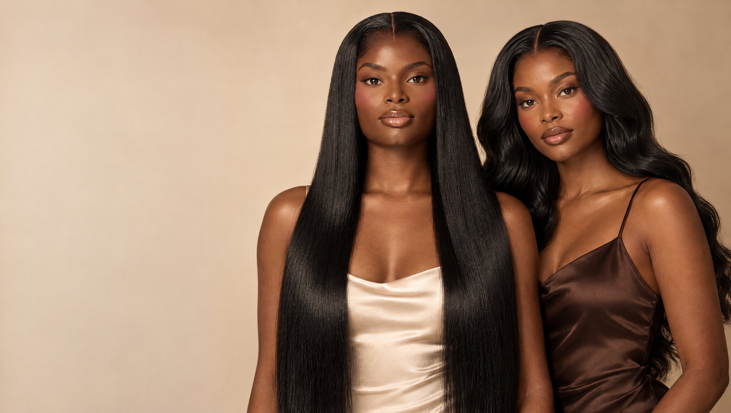 Woman with long SILQMÏST body wave hair in a champagne silk dress