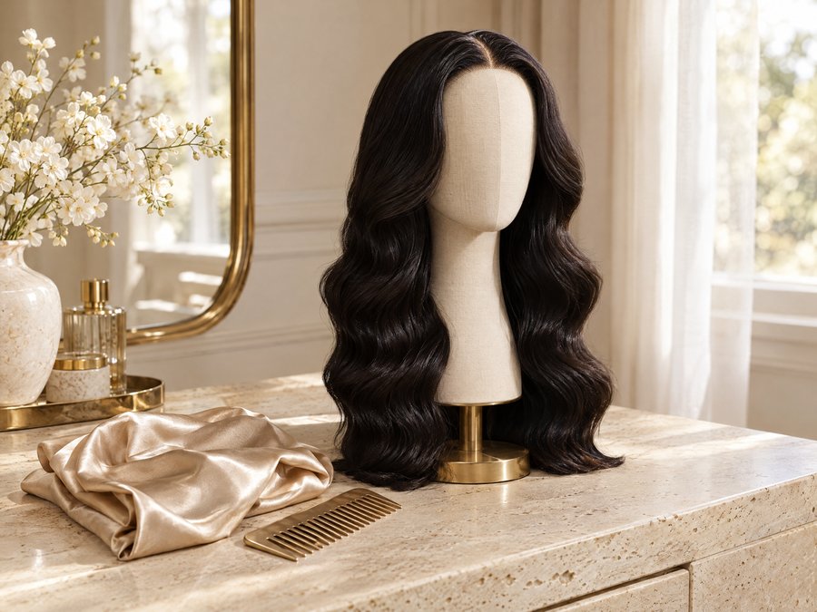 Deep wave human hair wig resting on a wig stand beside a silk scarf and comb on a travertine dressing table