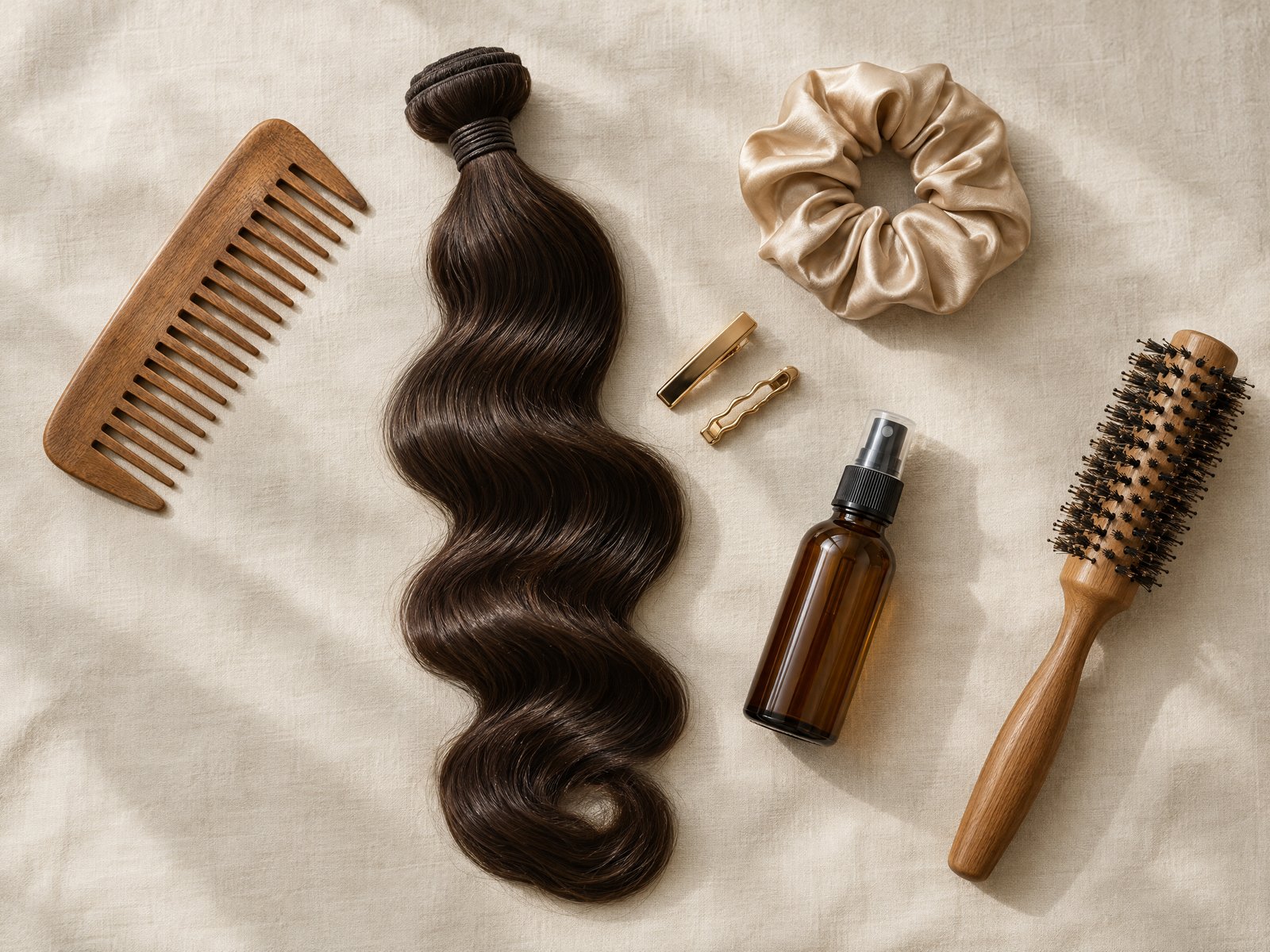 Flat lay of a body wave hair bundle with a wooden comb, satin scrunchie, gold clips and a round brush on ivory linen